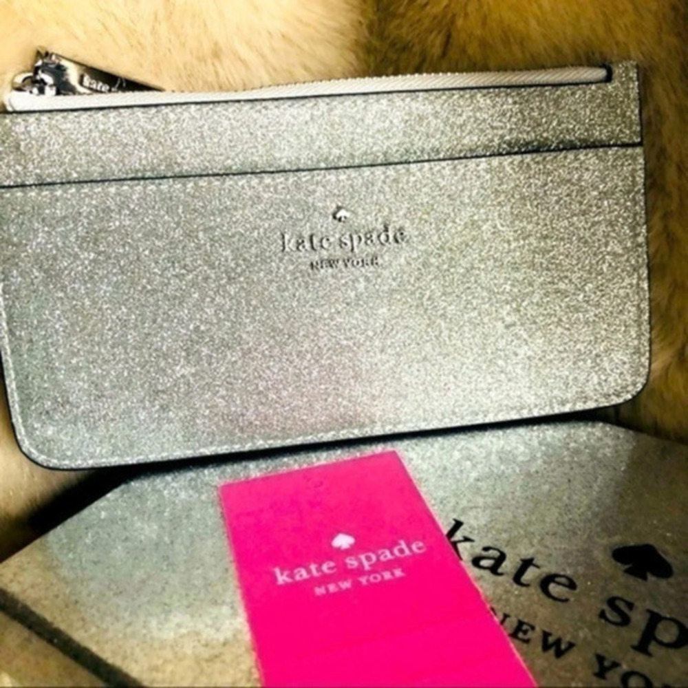 Kate Spade New York Silver Glitter Zip Card Holder Wallet NWT